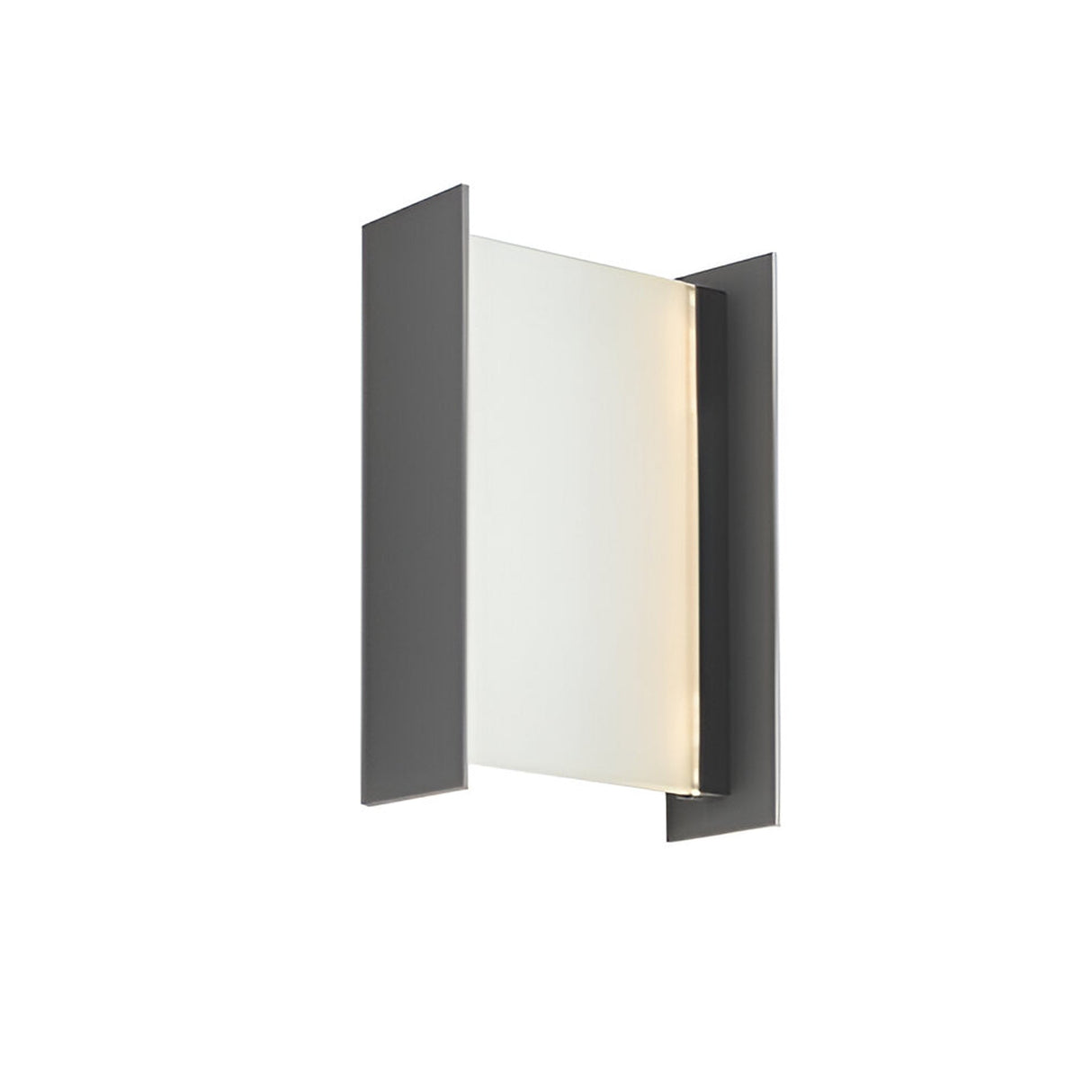 The Matia Outdoor LED Wall Light 18W 3000K in Dark Grey features a rectangular frosted glass center and vertical metal panels, offering soft LED illumination ideal for modern outdoor lighting.