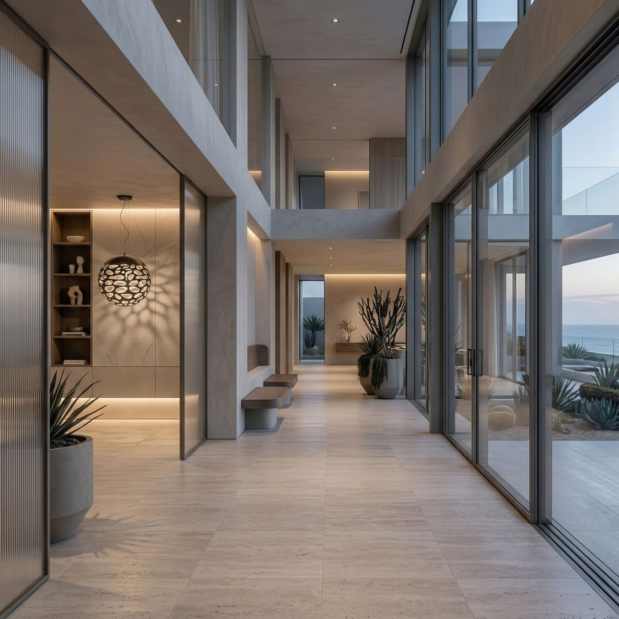 A modern hallway with large floor-to-ceiling windows, neutral tones, indoor plants, built-in benches, and the Elon LED Light Pendant in matte black as a statement lighting fixture, offering views of a serene outdoor landscape.