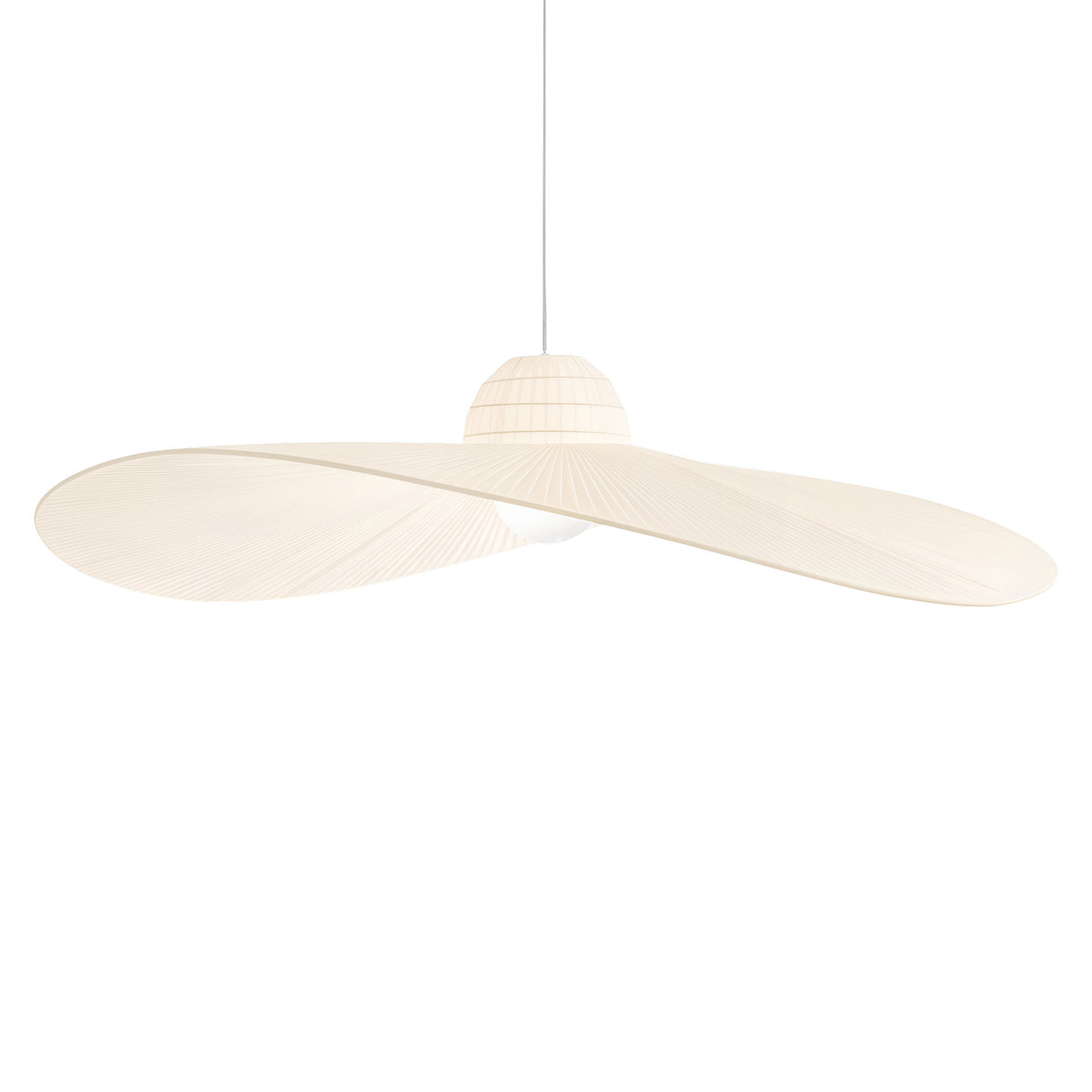 The Eclipso 1 Light Pendant in Cream showcases a modern, minimalist design with two broad, textured beige blades that are elegantly angled downwards. It offers dimmable functionality and is suspended from a slender rod against a plain white background, highlighting its sleek and elegant silhouette akin to a pendant light.