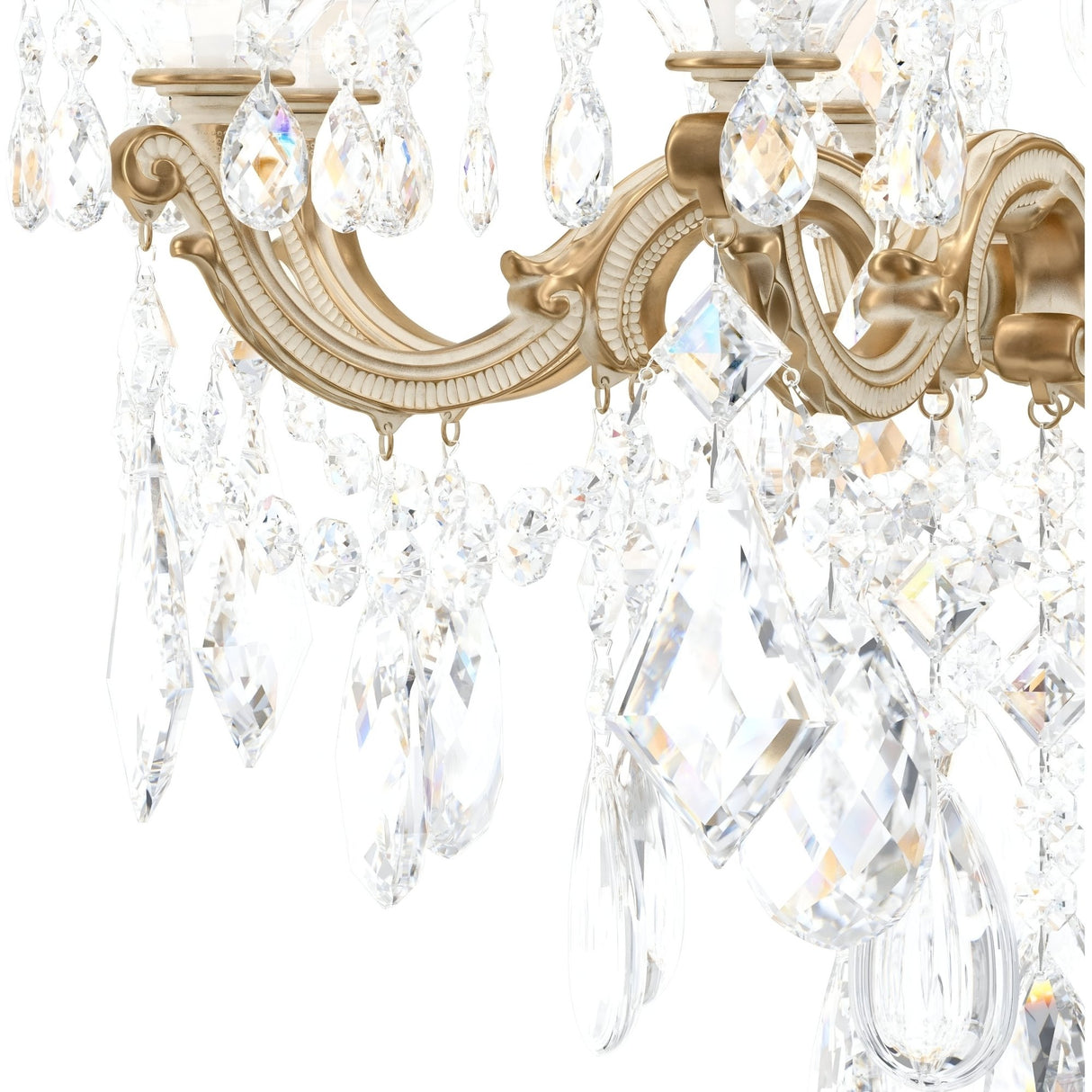 Close-up of the Vienna 10 Light K9 Crystal Chandelier featuring gold-colored metal arms and hanging crystal prisms that reflect light, creating sparkling effects.