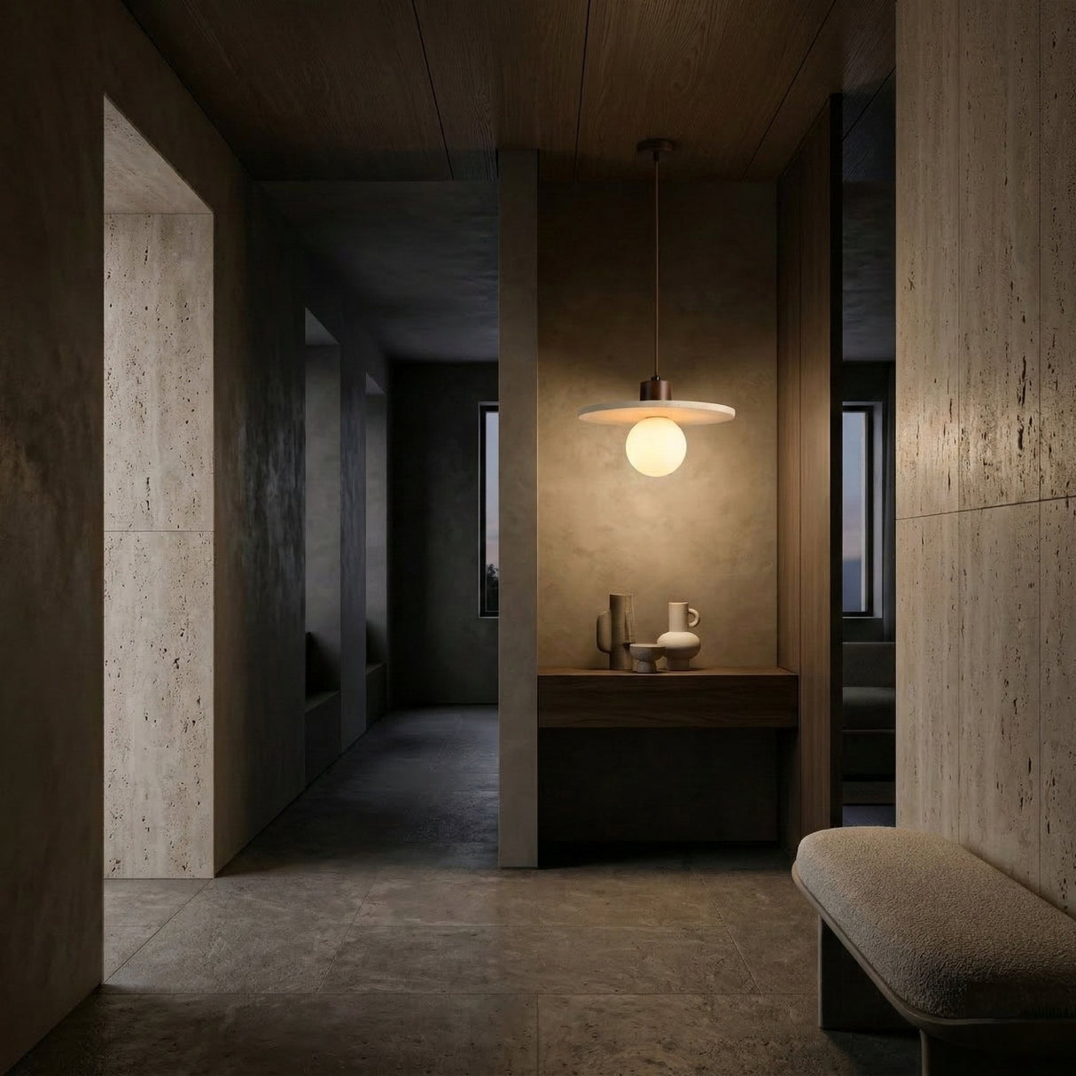 A minimalist, modern hallway with stone walls and floor, a wooden ceiling, a small table with teapot and cup, a Torelli 1 Light Wide Disc Travertine Pendant Light in Walnut Brown & Light Beige, and a bench along the right wall. Tall windows let in light.
