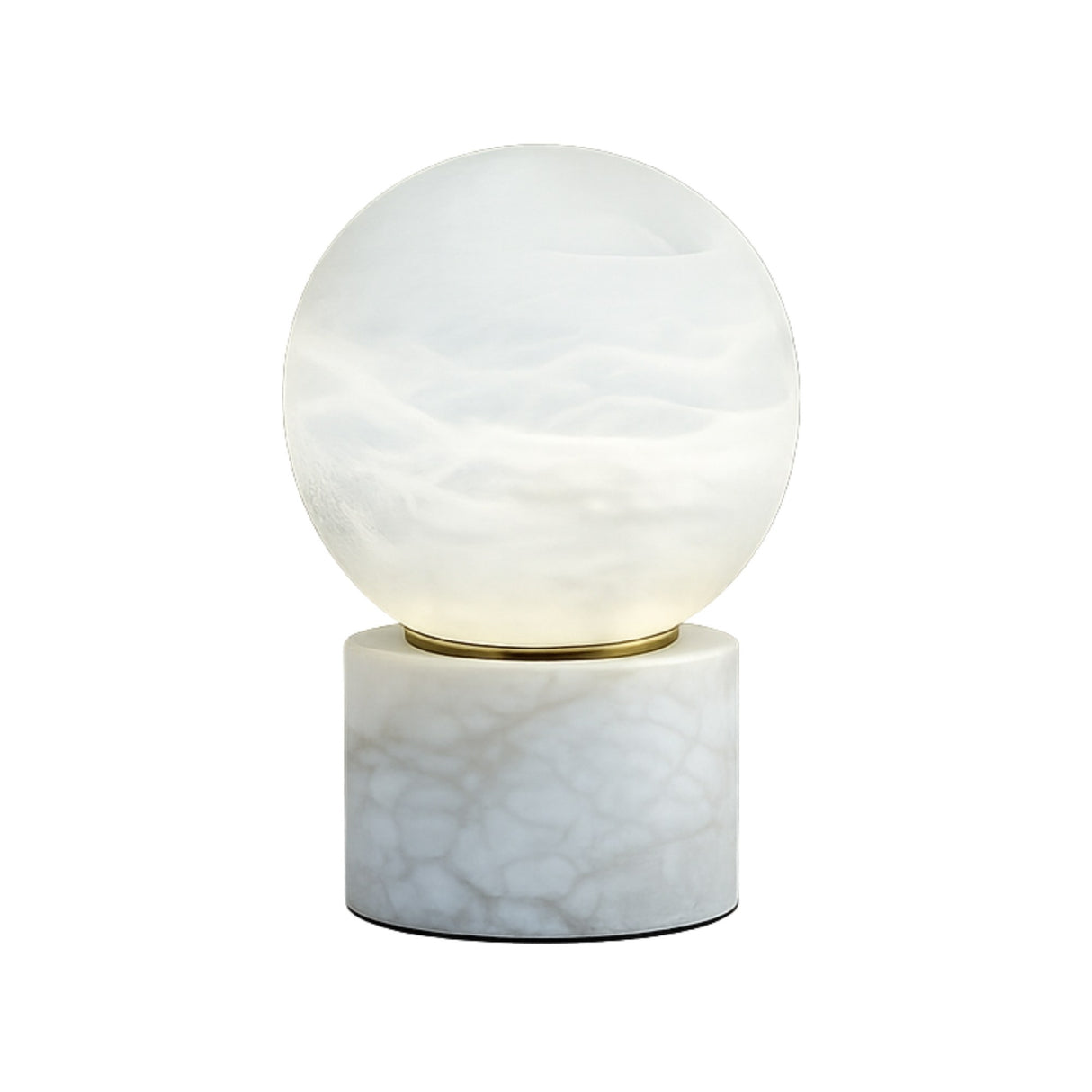 The Aurion LED Small Globe Alabaster Table Lamp - Soft White features a frosted white globe atop a veined marble base, casting a gentle glow when switched on.