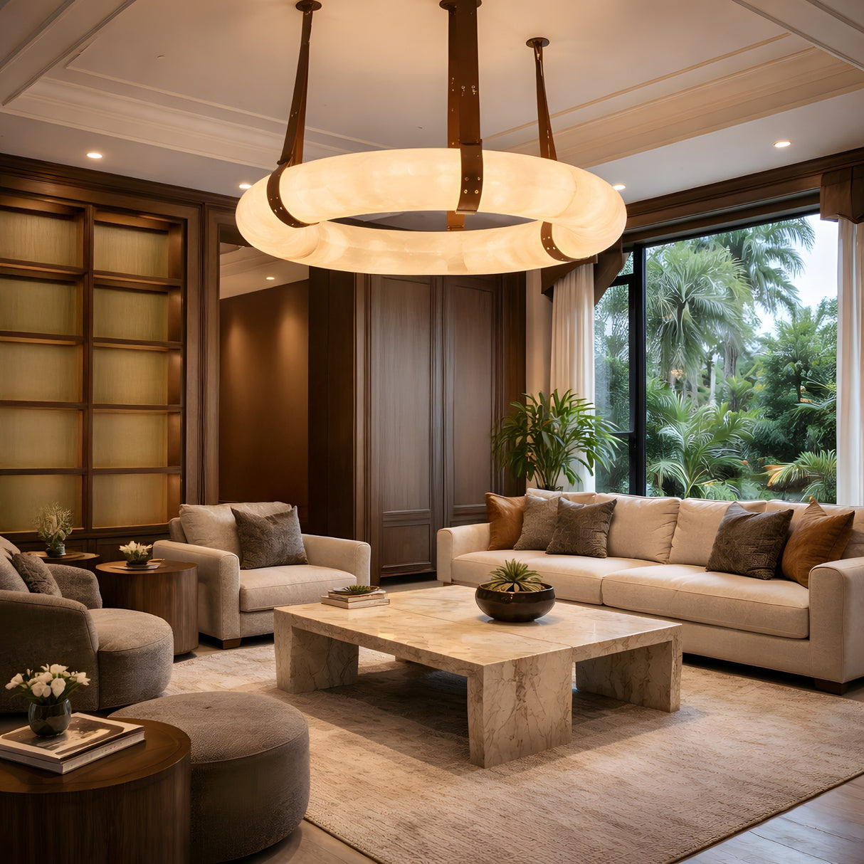 A modern living room features beige sofas, a marble coffee table, indoor plants, and a big window with greenery. The Cintura LED Large Alabaster Suspension Light in soft white & brown adds elegant, cozy lighting to the neutral decor.