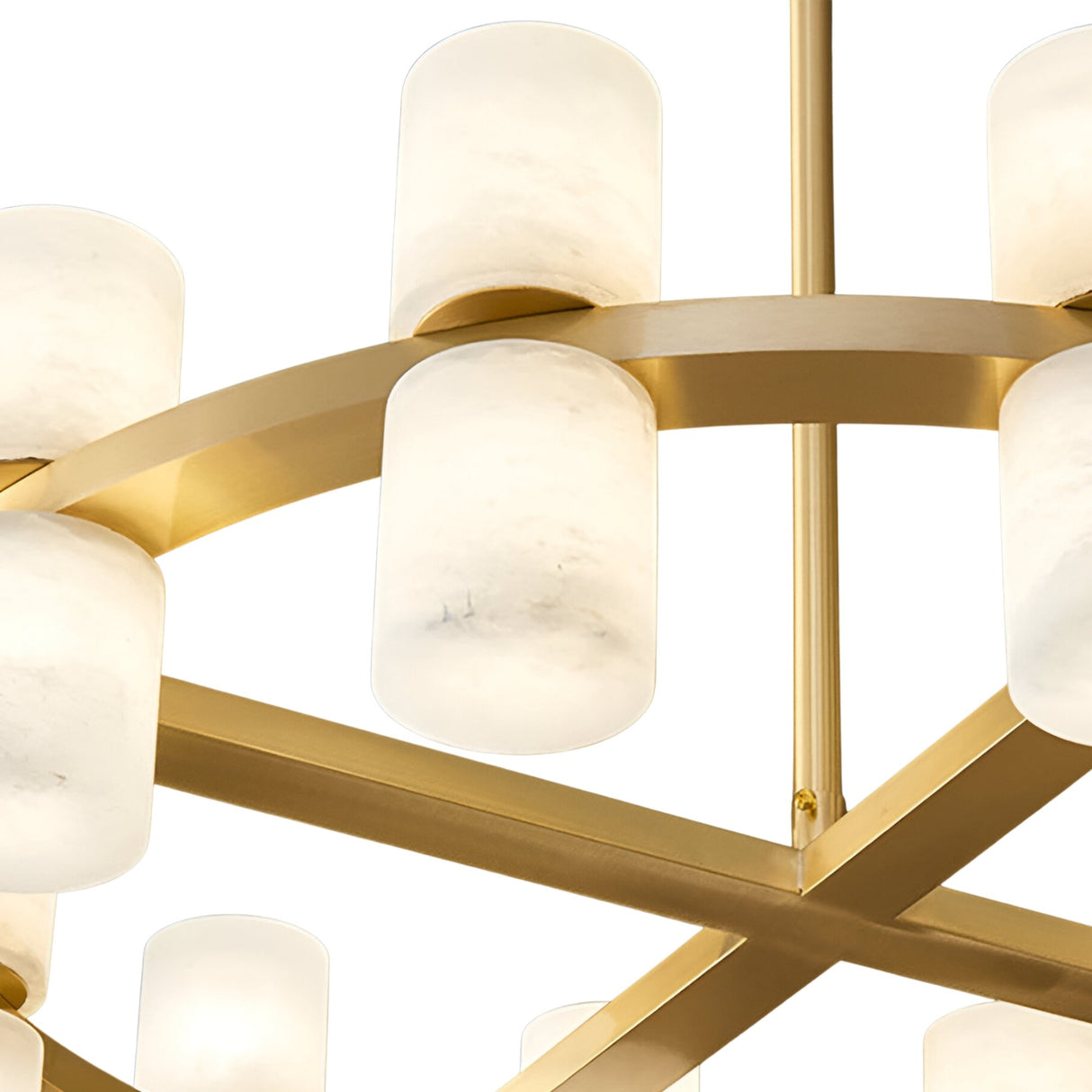 The Valenro 40 Light Cylindrical Alabaster Chandelier features soft white frosted glass shades, a brass frame with intersecting horizontal bars, and a central vertical rod for a modern look.