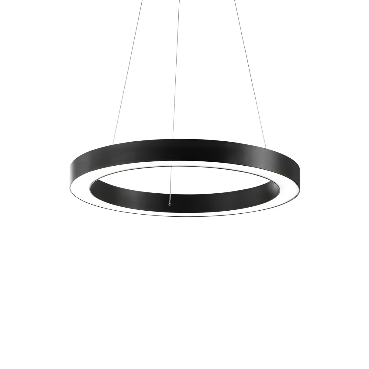The Arcena-2 Round LED Suspension Light, featuring a modern black design with a sleek finish, incorporates dimmable LED lighting at 3000K on its inner rim. It hangs elegantly from thin wires against a crisp white background, providing both style and adjustable illumination.