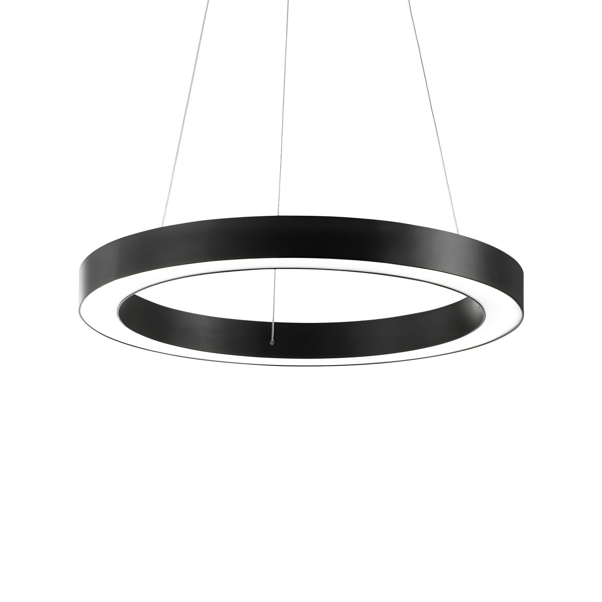 The Arcena Round LED Suspension Light in black, with a 70cm diameter, boasts a modern design that effortlessly complements contemporary interiors. Featuring a sleek white inner rim, it is elegantly suspended by thin wires against a plain white background. This dimmable LED light, with its minimalistic sophistication and warm 3000K glow, enhances any space with its chic and subtle presence.