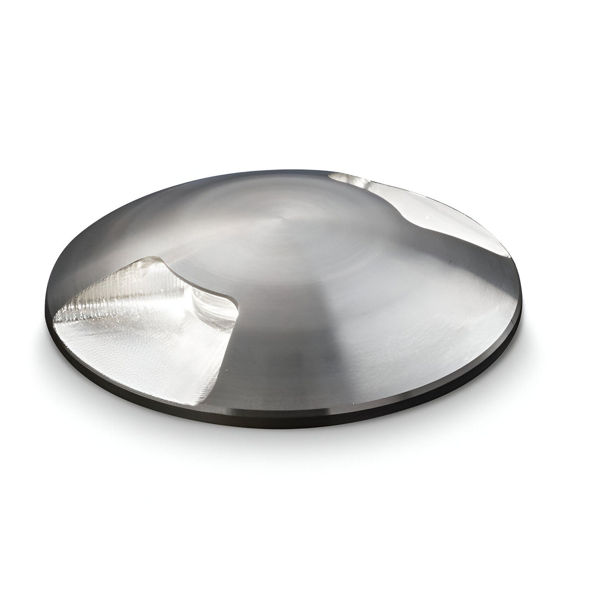 The Gleamora-2 LED Outdoor Drive Over Recessed Ground Light 2W 4000K - Grey is a sleek, metallic, circular disc featuring a shiny, reflective surface and subtle edge curves, resting on a white background. Engineered with an IP68 rating for drive-over capability, it seamlessly integrates into any landscape.