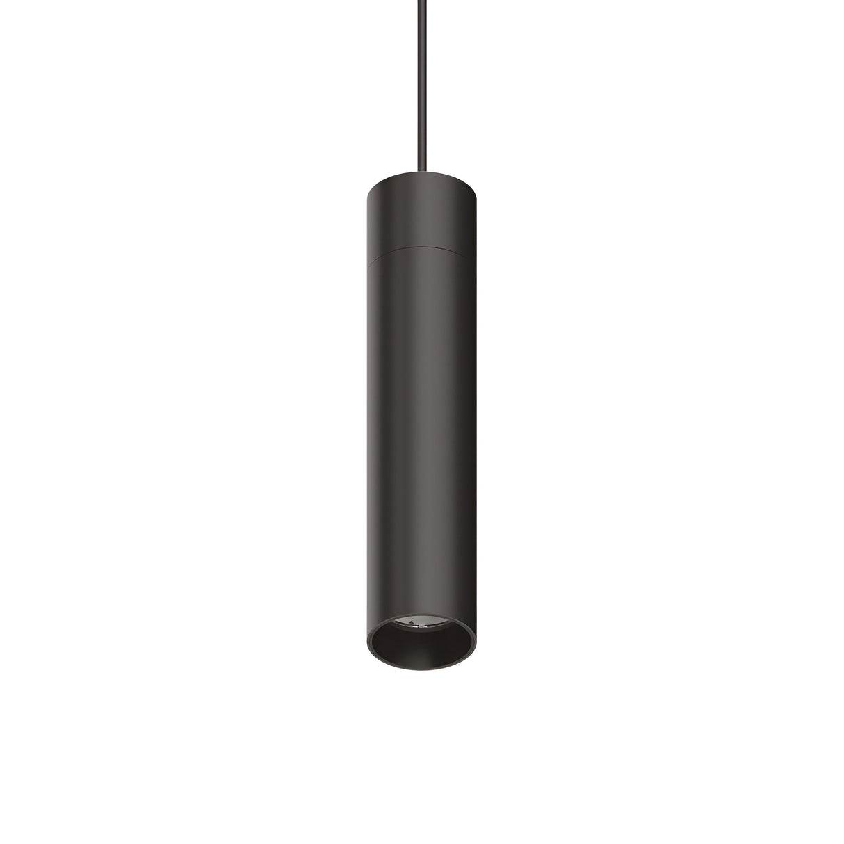 The Prismatic LED Track Pendant Light 15W 3000K in black showcases a sleek, minimalist design with its cylindrical body suspended from a slim black cord against a white background, perfectly capturing the essence of modern lighting fixtures.