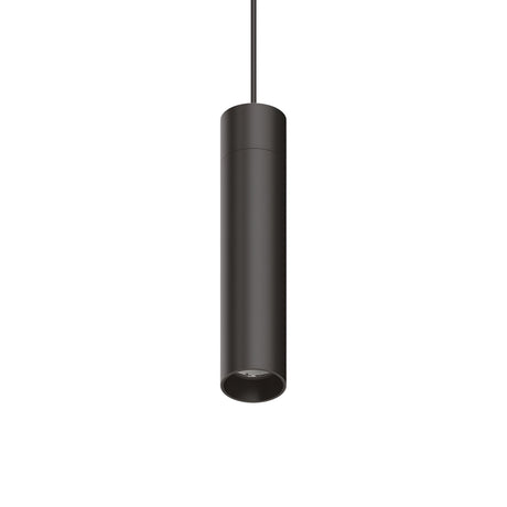 The Prismatic LED Track Pendant Light 15W 3000K in black showcases a sleek, minimalist design with its cylindrical body suspended from a slim black cord against a white background, perfectly capturing the essence of modern lighting fixtures.