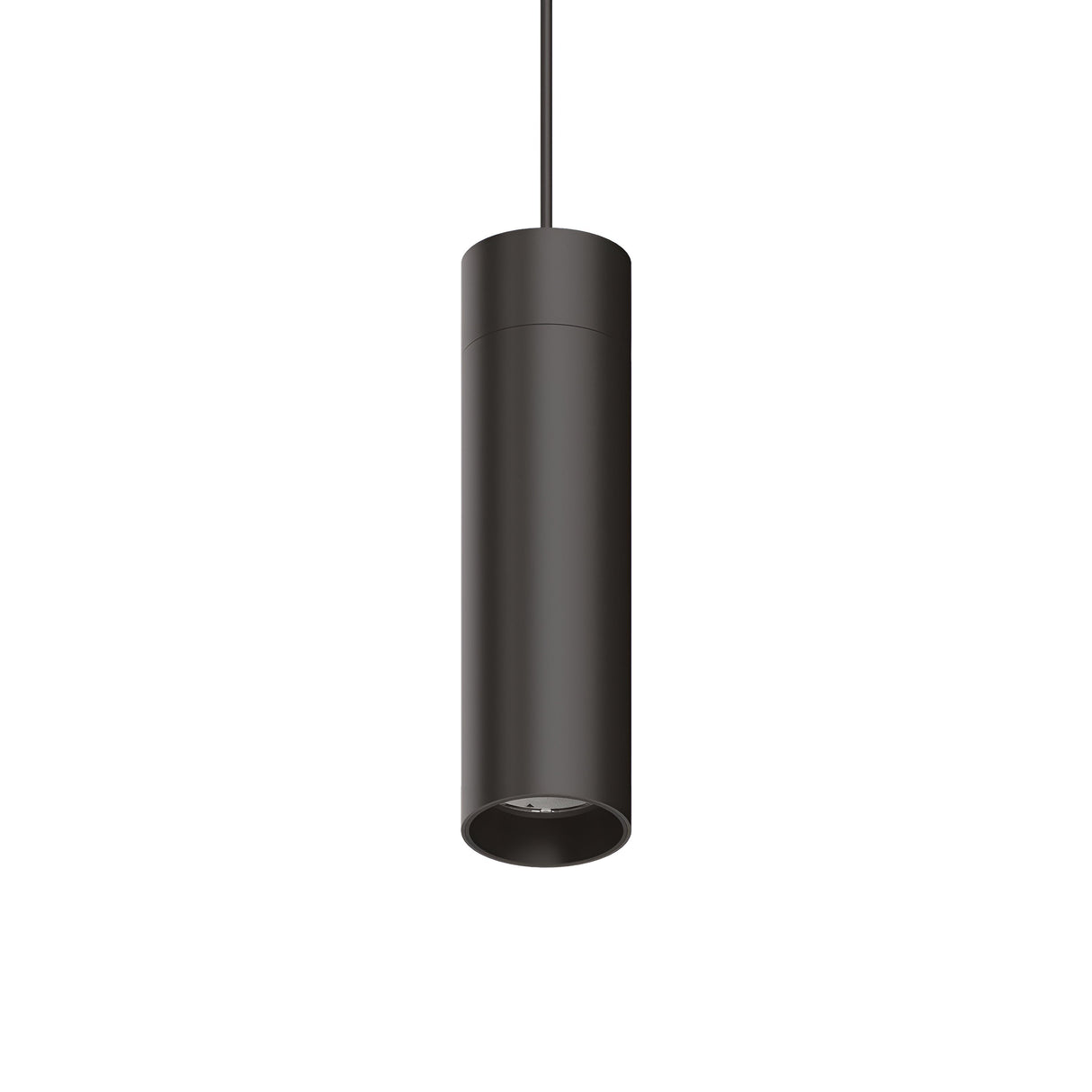 The Prismatic LED Track Pendant Light 21W 3000K in Black hangs from a black cord against a plain white background, boasting a sleek, cylindrical shape. Its minimalist design highlights a smooth, matte finish, exemplifying modern lighting and simple aesthetics.