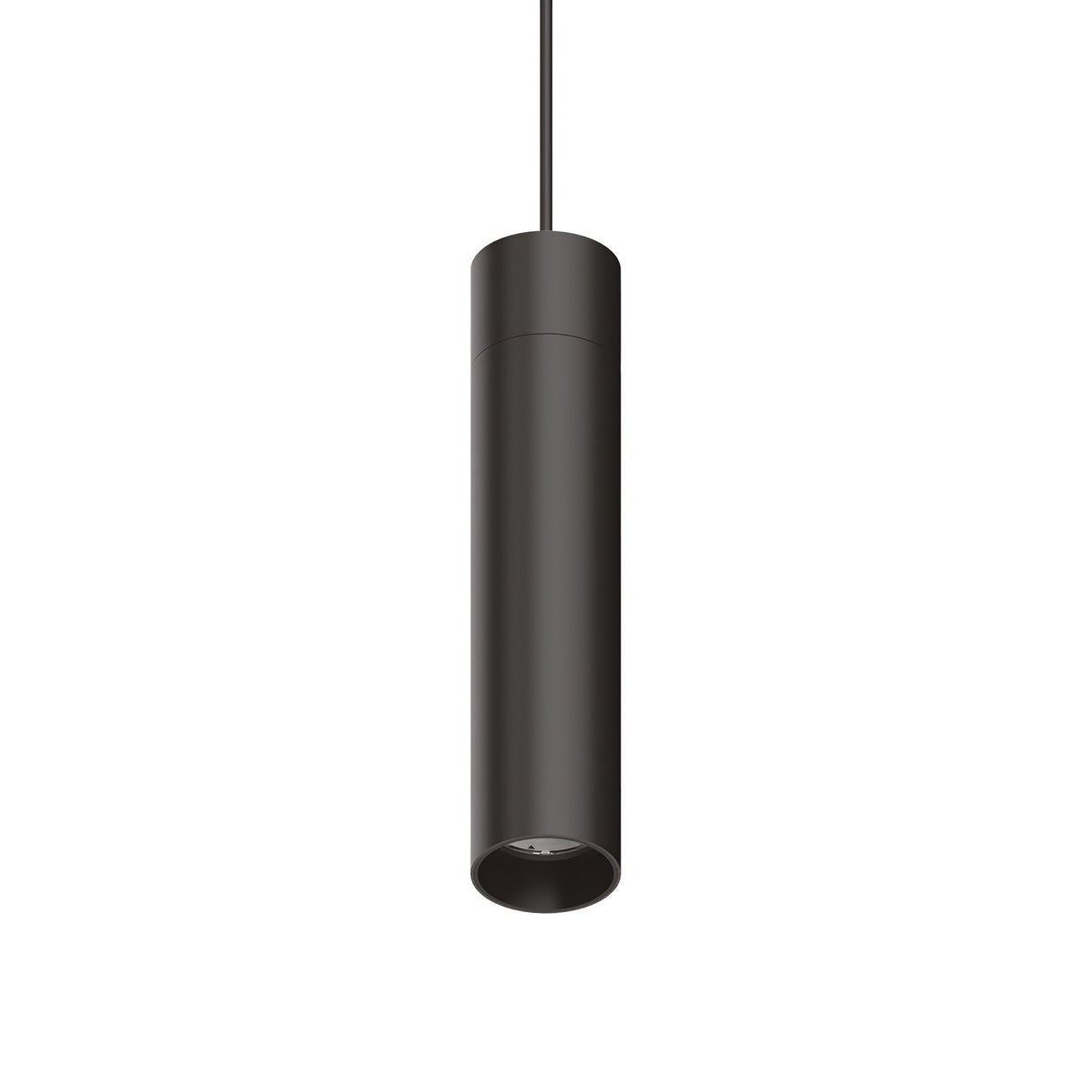 A Prismatic LED Track Pendant Light 15W in black, featuring a sleek, cylindrical design and aluminum construction, hangs from a black cord against a white background, providing 4000K illumination.