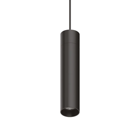 A Prismatic LED Track Pendant Light 15W in black, featuring a sleek, cylindrical design and aluminum construction, hangs from a black cord against a white background, providing 4000K illumination.