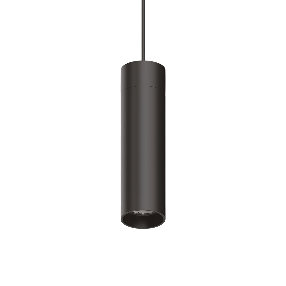 A Prismatic LED Track Pendant Light 21W 4000K in black, featuring a sleek cylindrical design with minimalist modern aesthetics, hangs from a thin black cord against a white background, delivering inviting illumination.