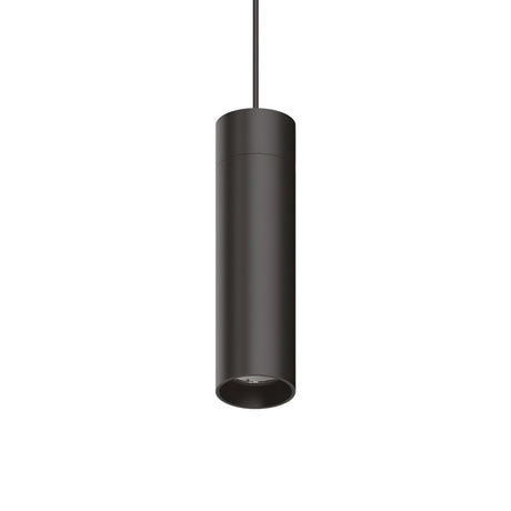A Prismatic LED Track Pendant Light 21W 4000K in black, featuring a sleek cylindrical design with minimalist modern aesthetics, hangs from a thin black cord against a white background, delivering inviting illumination.