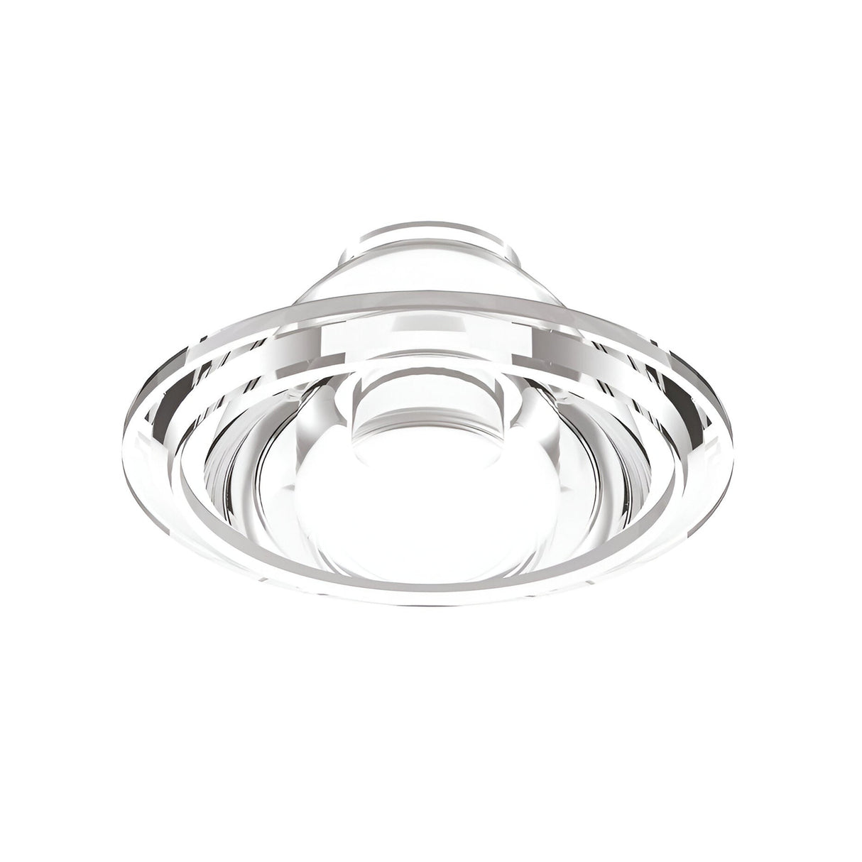 The Prismatic Track Light Lens - 20°, 30mm is a clear, circular glass lampshade with layered, concentric rings. It highlights a central bulb holder and reflective surface for a modern aesthetic, resembling the prismatic design of track lighting. Viewed from below, it emphasizes its geometric shape and focuses on the 20-degree beam angle.