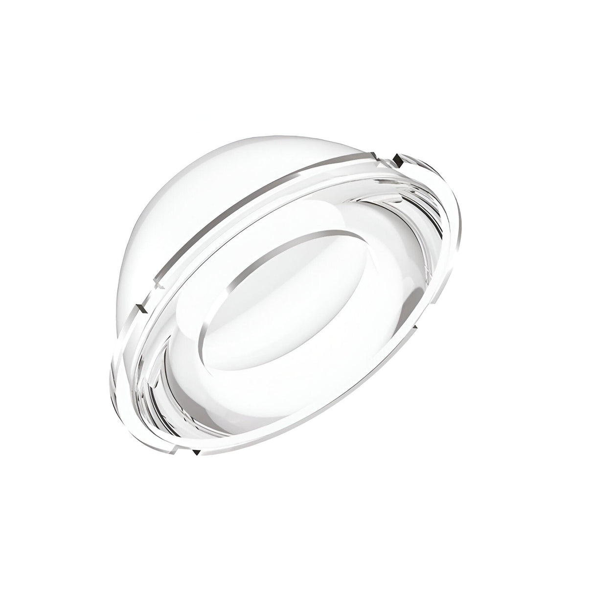 The Prismatic Track Light Lens - 18° and 45mm is a sleek, shiny object with a translucent dome shape and metallic accents, evoking the look of a futuristic track light lens. It features prismatic lighting effects that cast an 18-degree beam angle against a plain white background.