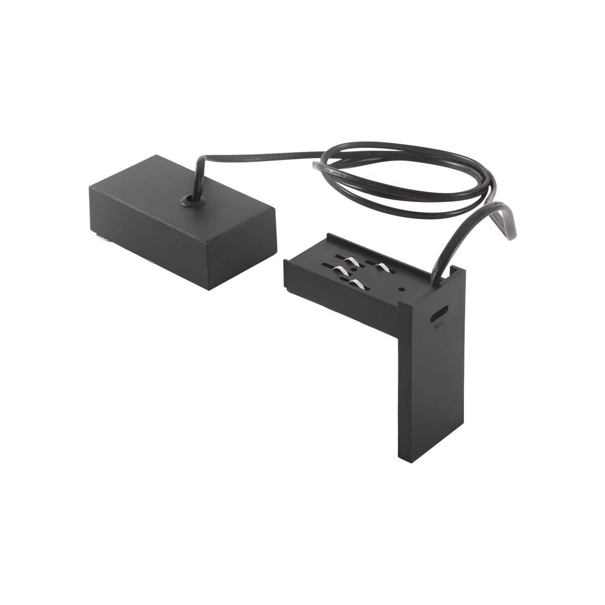 Introducing the Prismatic Electrified Endcap For Track Pendant in black: a minimalist table lamp that boasts a unique L-shaped design with a rectangular base. Its integrated power cord and hollow rectangle body offer contemporary elegance, while the durable polycarbonate construction ensures lasting style.