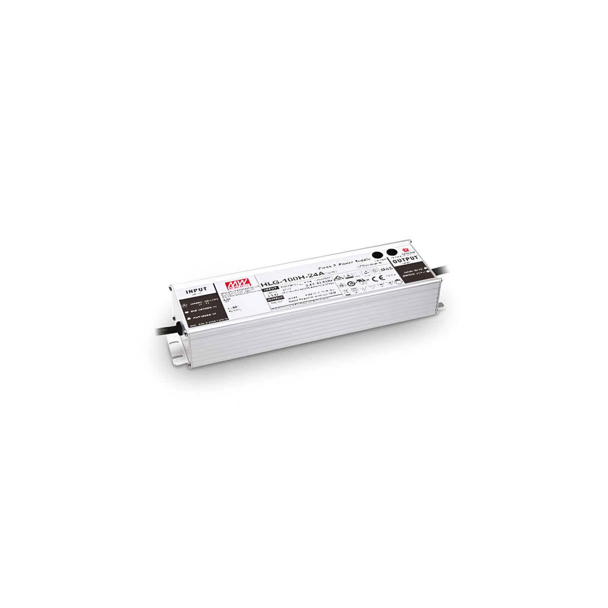 A rectangular Prismatic Constant Voltage LED Driver - 90W, 48V with a white casing and visible specifications label features input and output wires on either side. This IP67-rated LED driver is placed on a plain white background, ensuring reliable constant voltage delivery even in challenging environments.