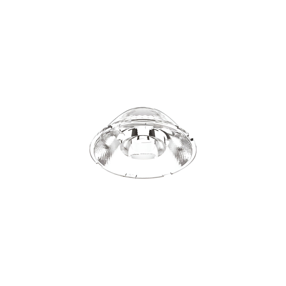 Close-up view of the Prismatic Pendant Lens - 15°, 65mm, featuring a clear, circular design with a reflective, ridged surface. It is displayed on a plain white background, resembling a lighting accessory or optical component.