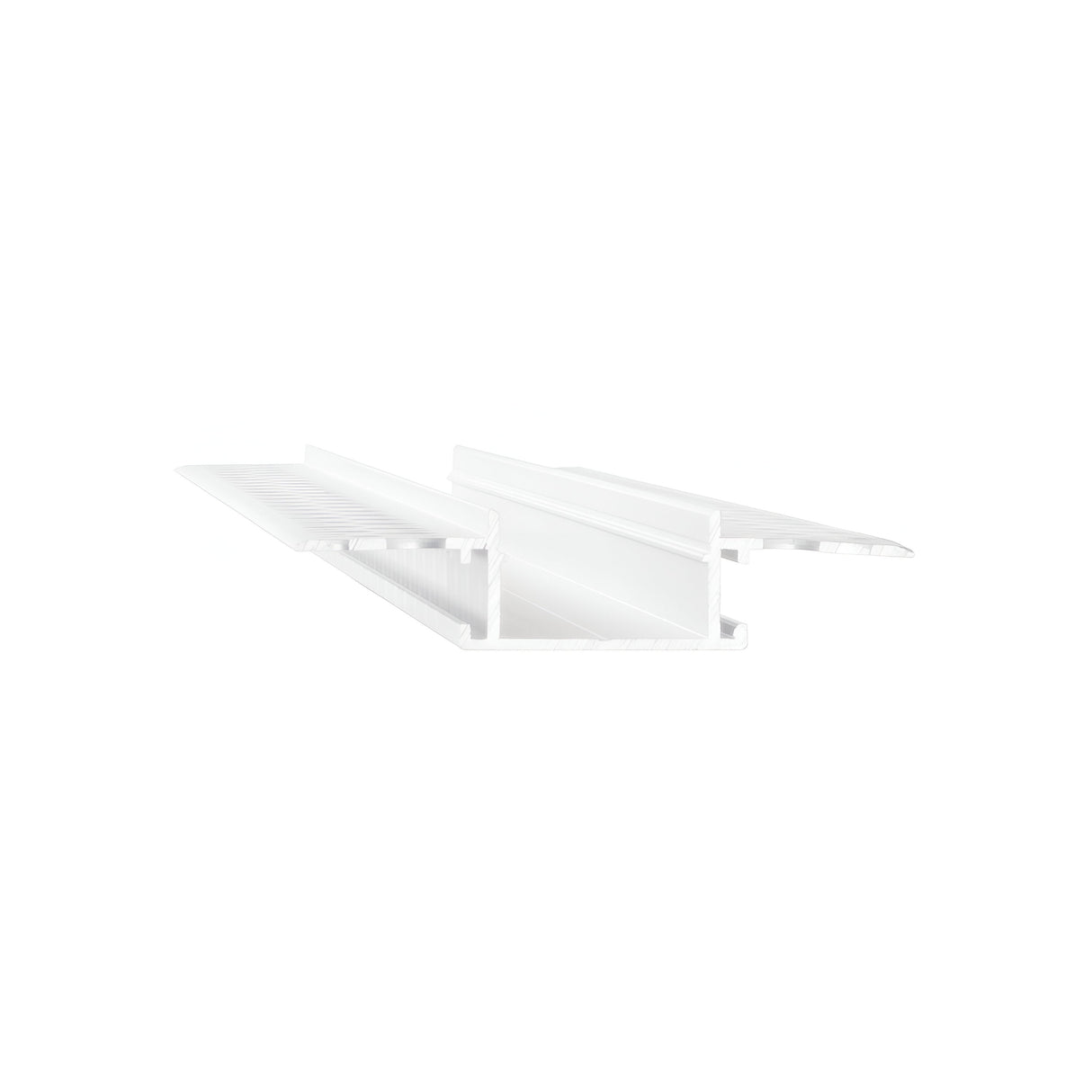 The Arcus-1 Trim Recessed Linear Slot for LED Strip Lighting in white, measuring 2 meters, features a minimalist design with its symmetrical appearance and dual equal slots. It is ideal for integrating recessed linear slot applications or seamlessly incorporating LED strip lighting and is presented on a plain white background.