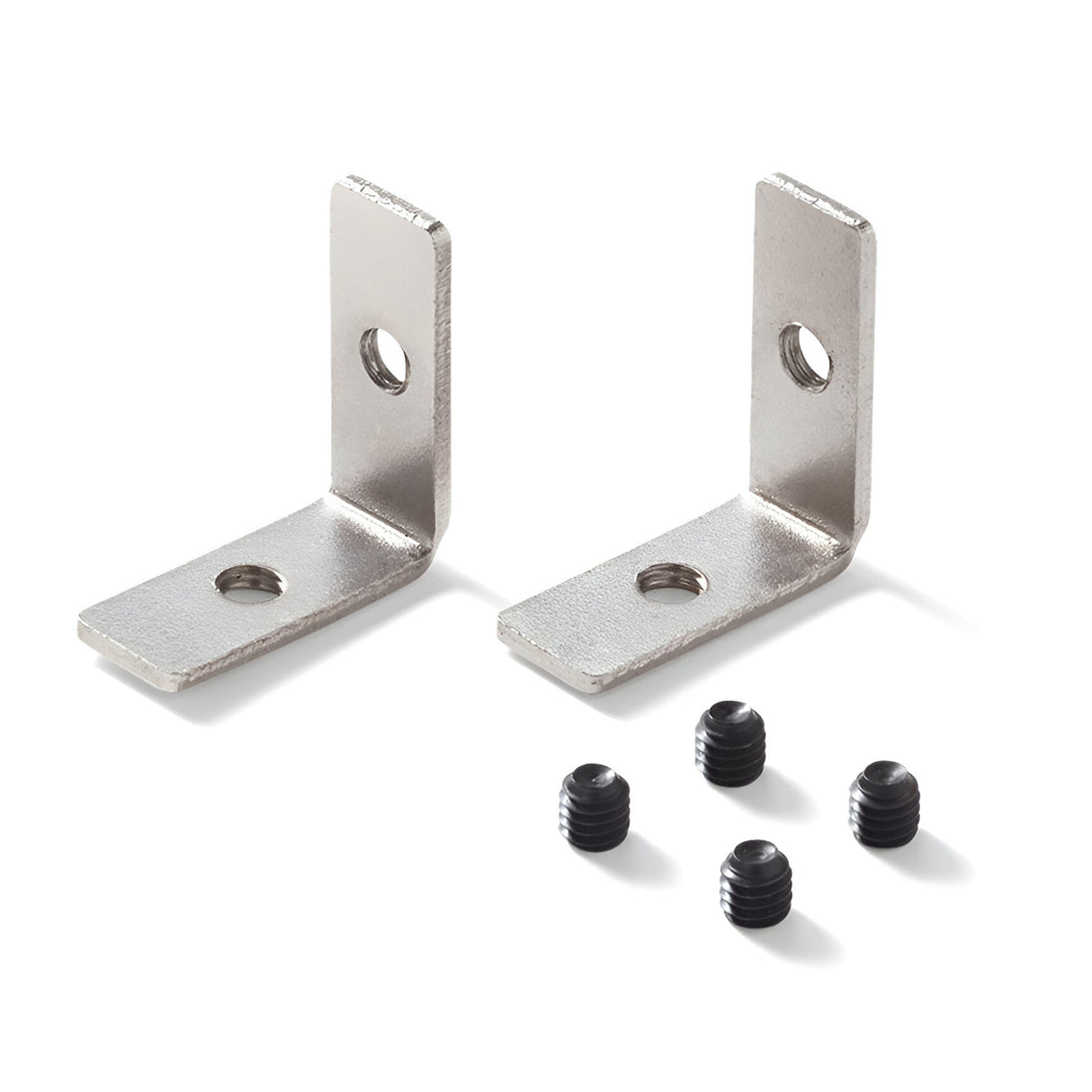 Two robust steel L-brackets from the Arcus Vertical Metal Corner Bracket Set With Screws, featuring holes for screw installation, including five small black screws, set against a white background.