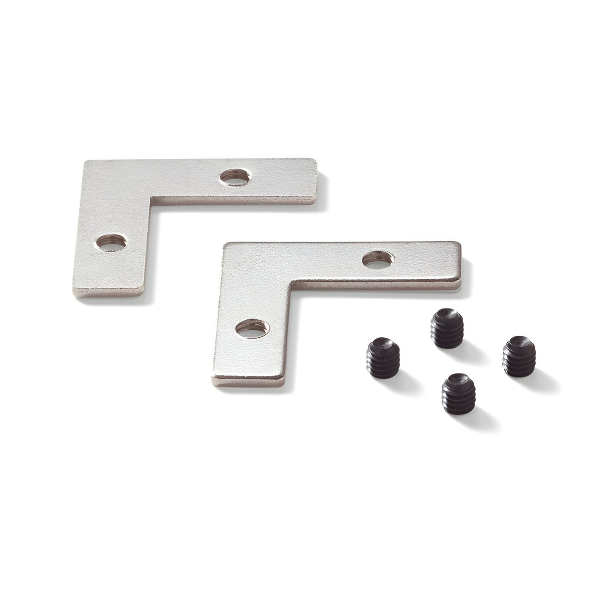 The image showcases the Arcus L-Shaped Metal Corner Bracket Set With Screws, consisting of two robust aluminium and steel brackets, each with two holes, set against a white background. Next to them are four installation screws neatly lined up.