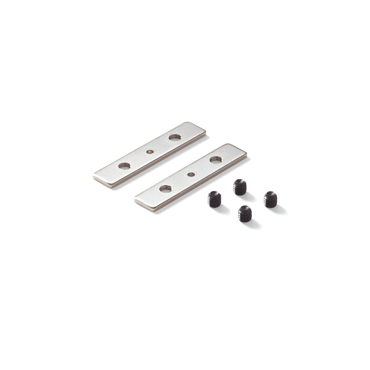 Two rectangular metal bars, from the robust Arcus Linear Bracket Set With Screws, are positioned next to four small black screws on a white background. These components hint at their suitability for precise and dependable assembly or repair tasks.