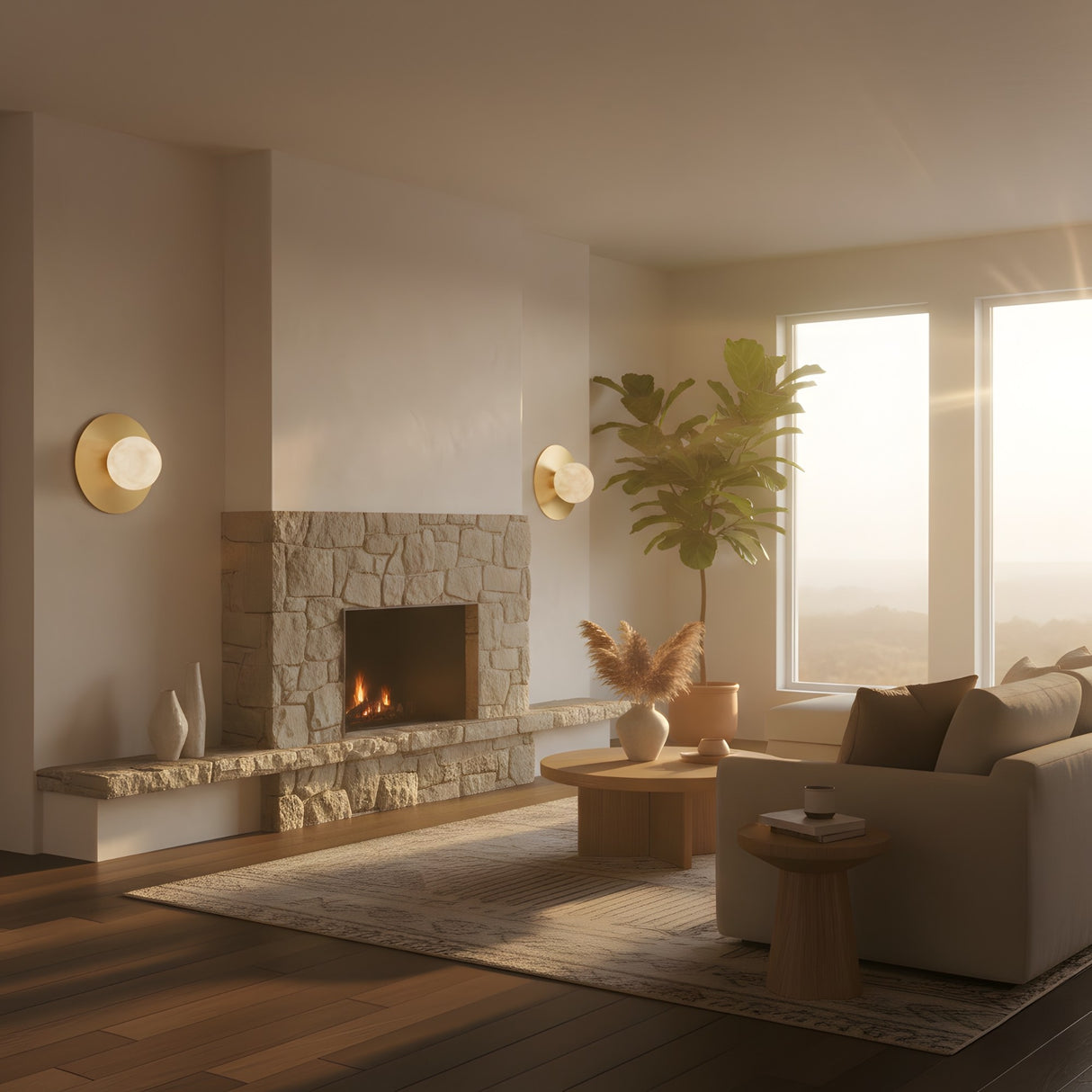 A cozy living room with a stone fireplace, the Oria 1 Light Globe Alabaster Wall Light in soft white & brushed brass, a beige sofa, a round wooden coffee table, a large potted plant, and sunlight streaming through two tall windows.