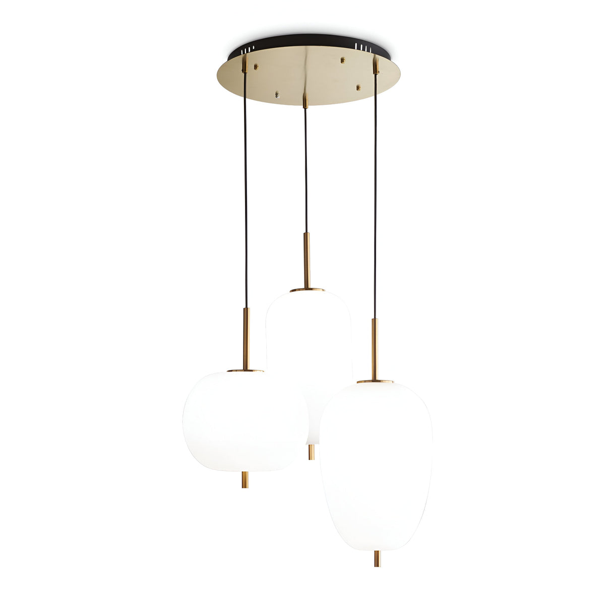 The Fluxa 3 Light LED Cluster Pendant 3000K 60W - Gold epitomizes modern elegance, boasting three oval-shaped white glass shades suspended at different lengths from a round base with a breathtaking gold finish.