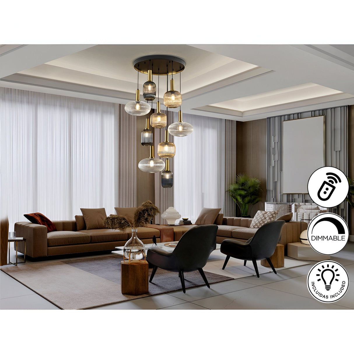 Norma 9 Light Glass Cluster Pendant Light - Multicoloured (With Remote Control)