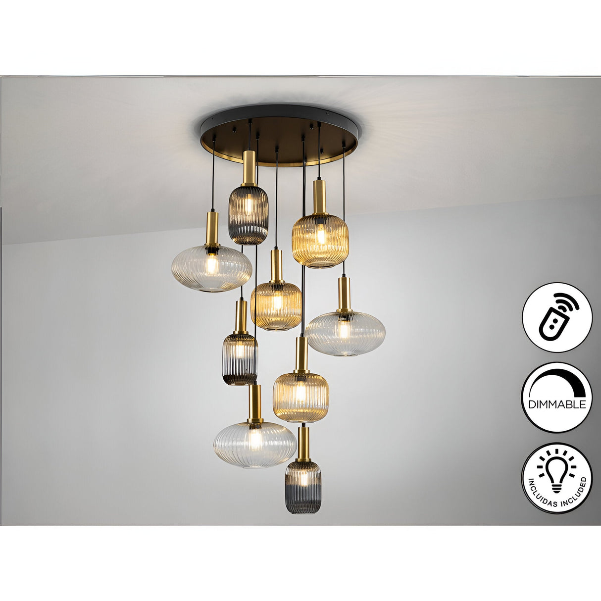 Norma 9 Light Glass Cluster Pendant Light - Multicoloured (With Remote Control)