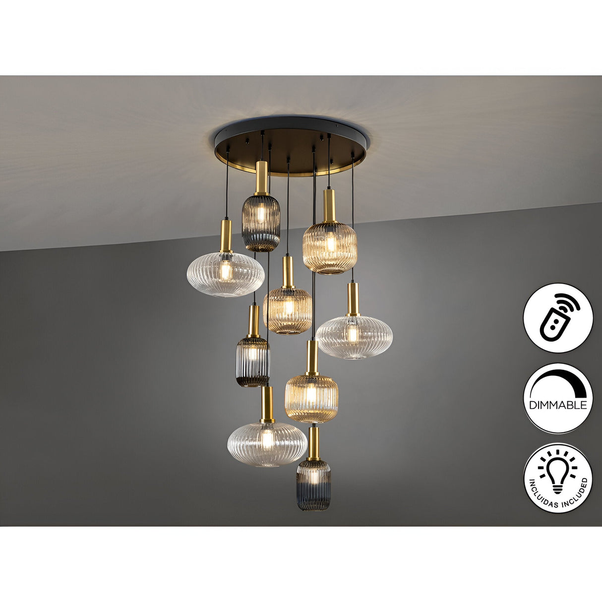 Norma 9 Light Glass Cluster Pendant Light - Multicoloured (With Remote Control)