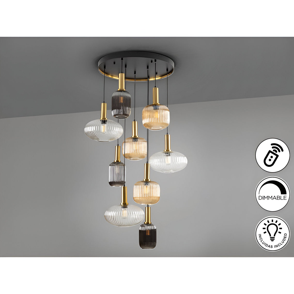 Norma 9 Light Glass Cluster Pendant Light - Multicoloured (With Remote Control)