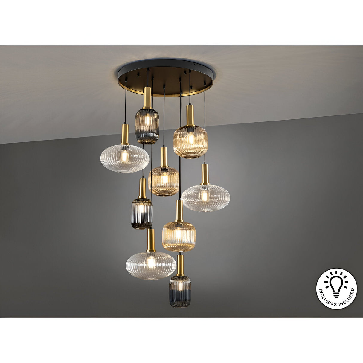 Norma 9 Light Small Glass Cluster Pendant Light - Multicoloured (With Remote Control)