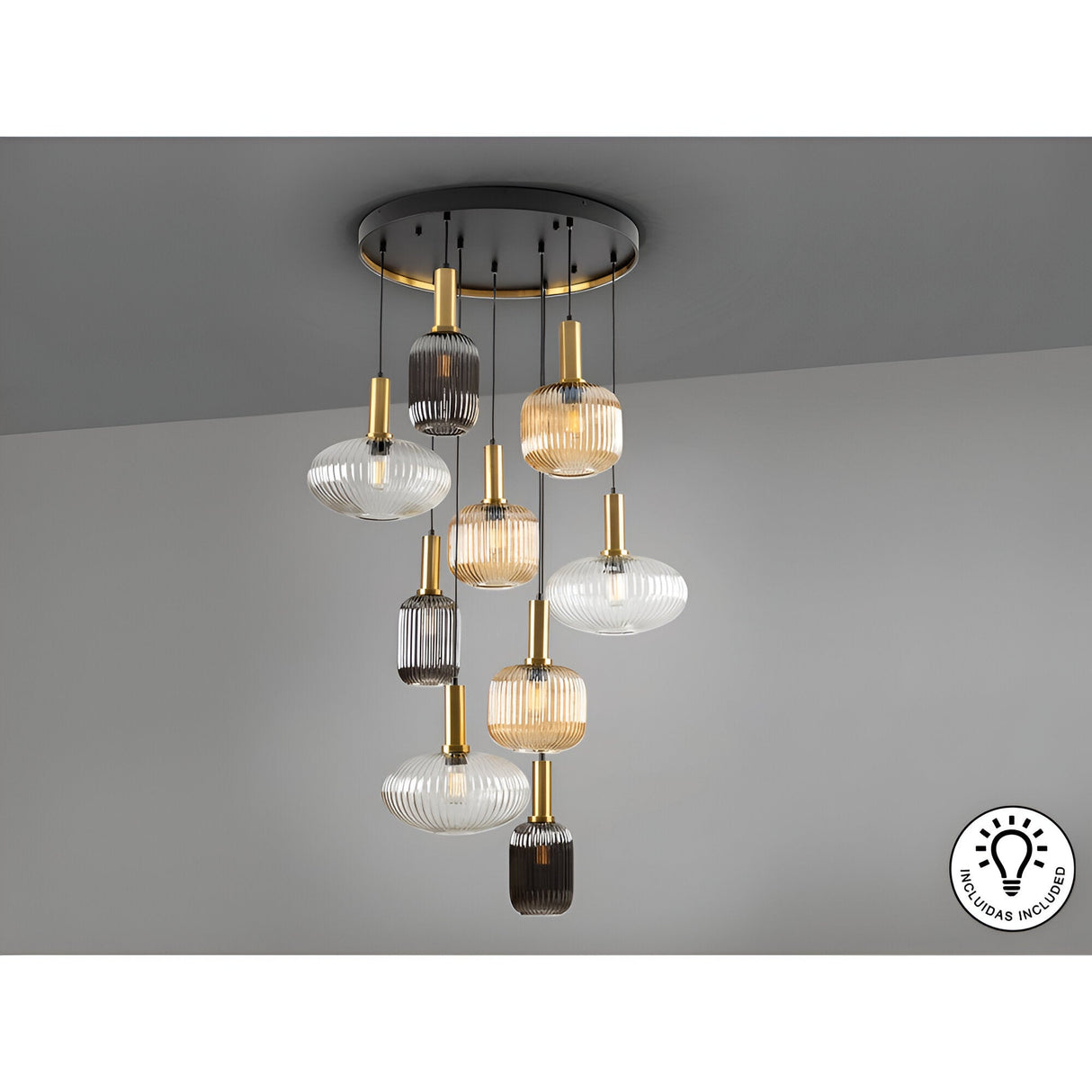 Norma 9 Light Small Glass Cluster Pendant Light - Multicoloured (With Remote Control)