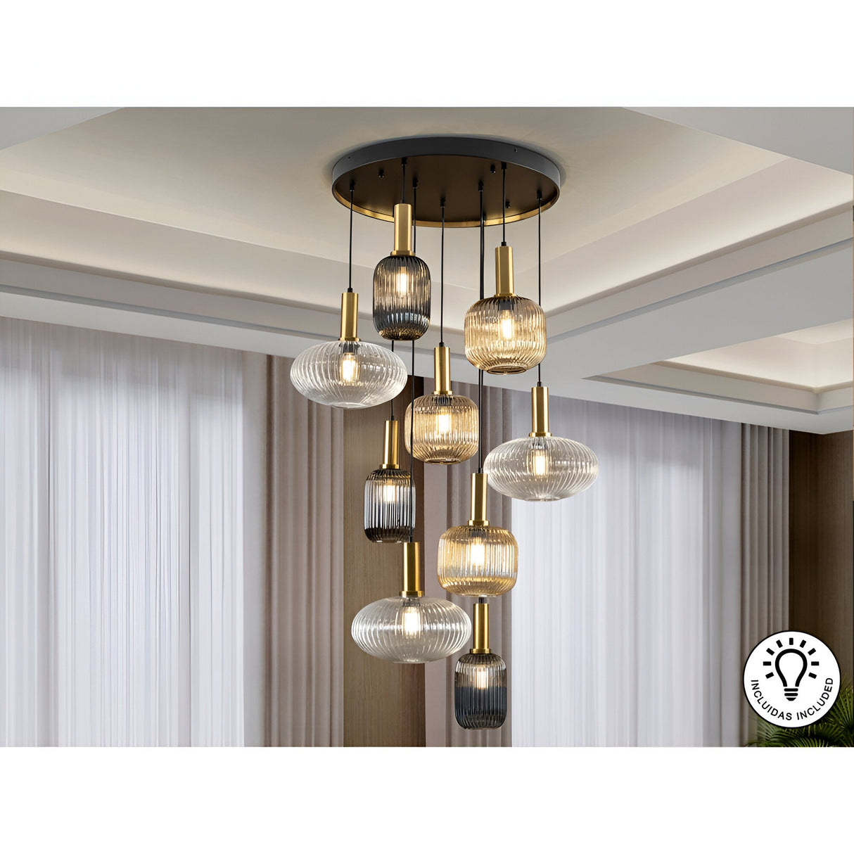 Norma 9 Light Small Glass Cluster Pendant Light - Multicoloured (With Remote Control)