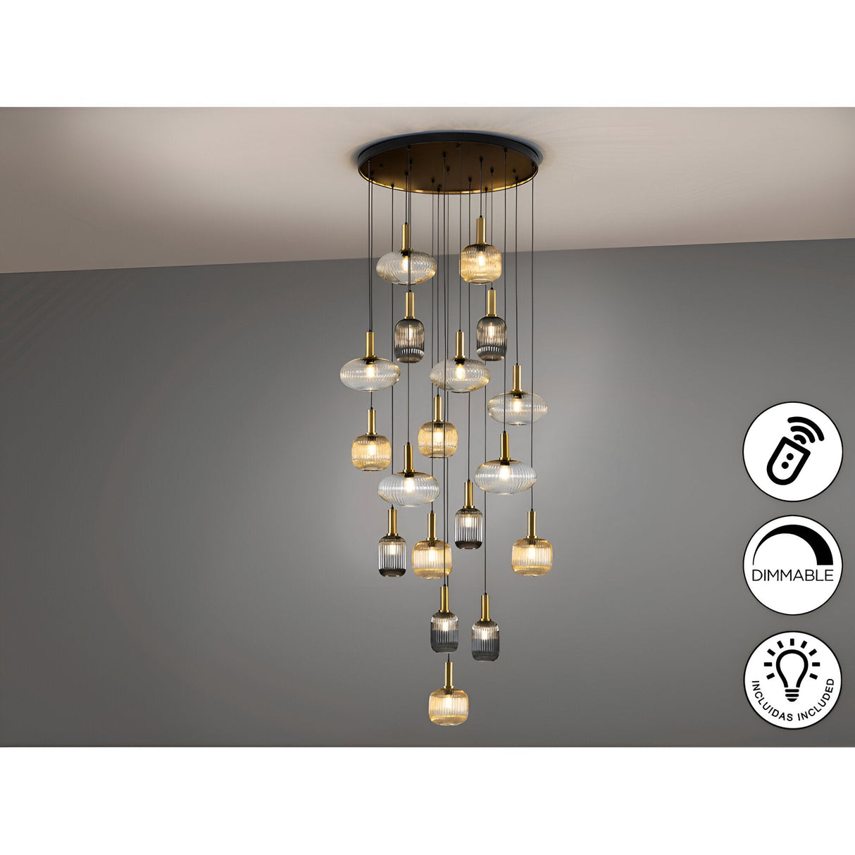 Norma 18 Light Glass Cluster Pendant Light - Multicoloured (With Remote Control)