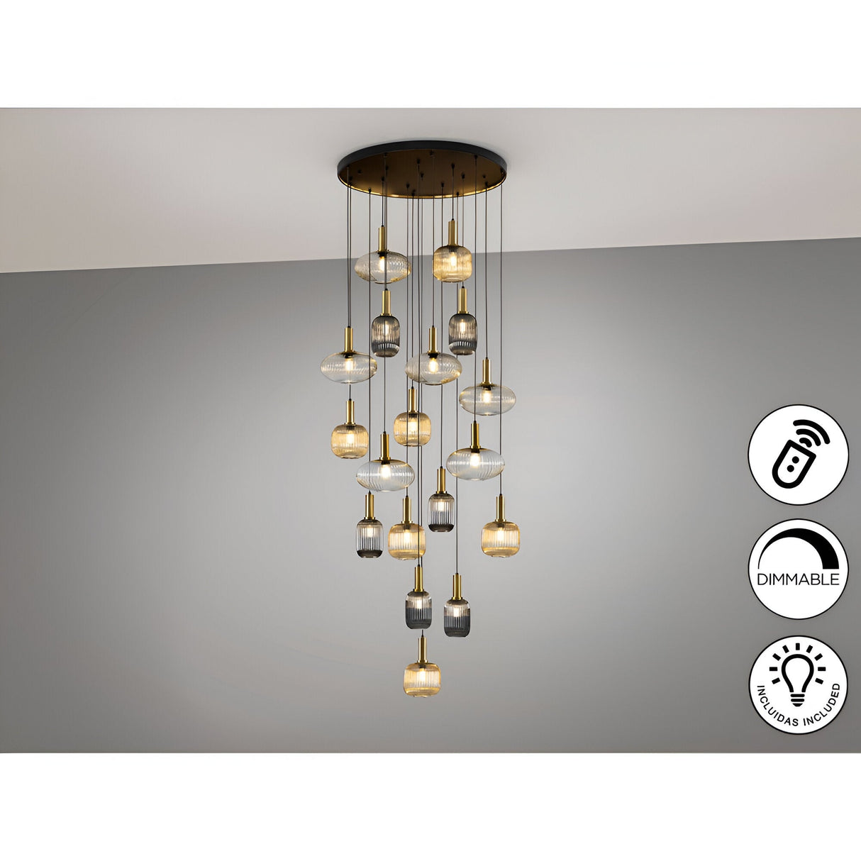 Norma 18 Light Glass Cluster Pendant Light - Multicoloured (With Remote Control)