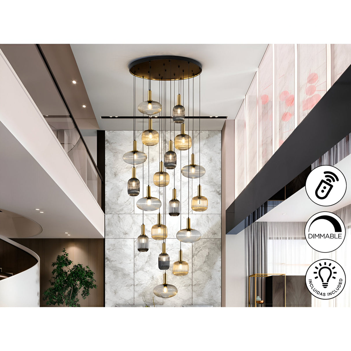 Norma 18 Light Glass Cluster Pendant Light - Multicoloured (With Remote Control)