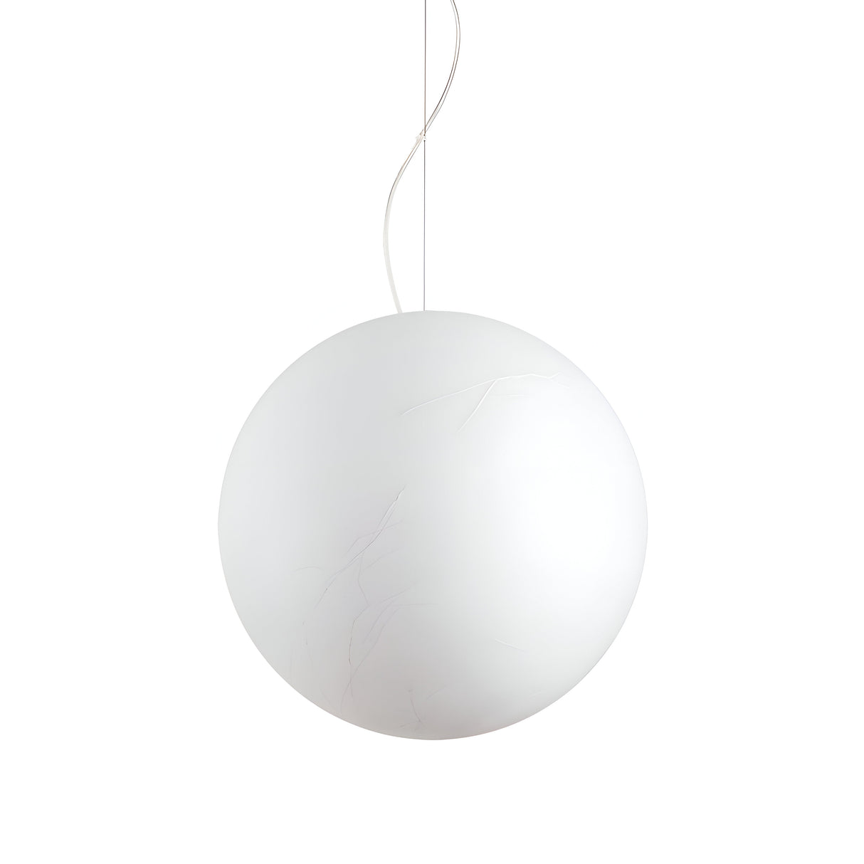 The Gleonis 1 Light Pendant - White, 50cm, features a smooth white spherical design suspended from a thin cord against a plain white backdrop. This modern pendant offers minimalistic and contemporary lighting that seamlessly integrates into any space.