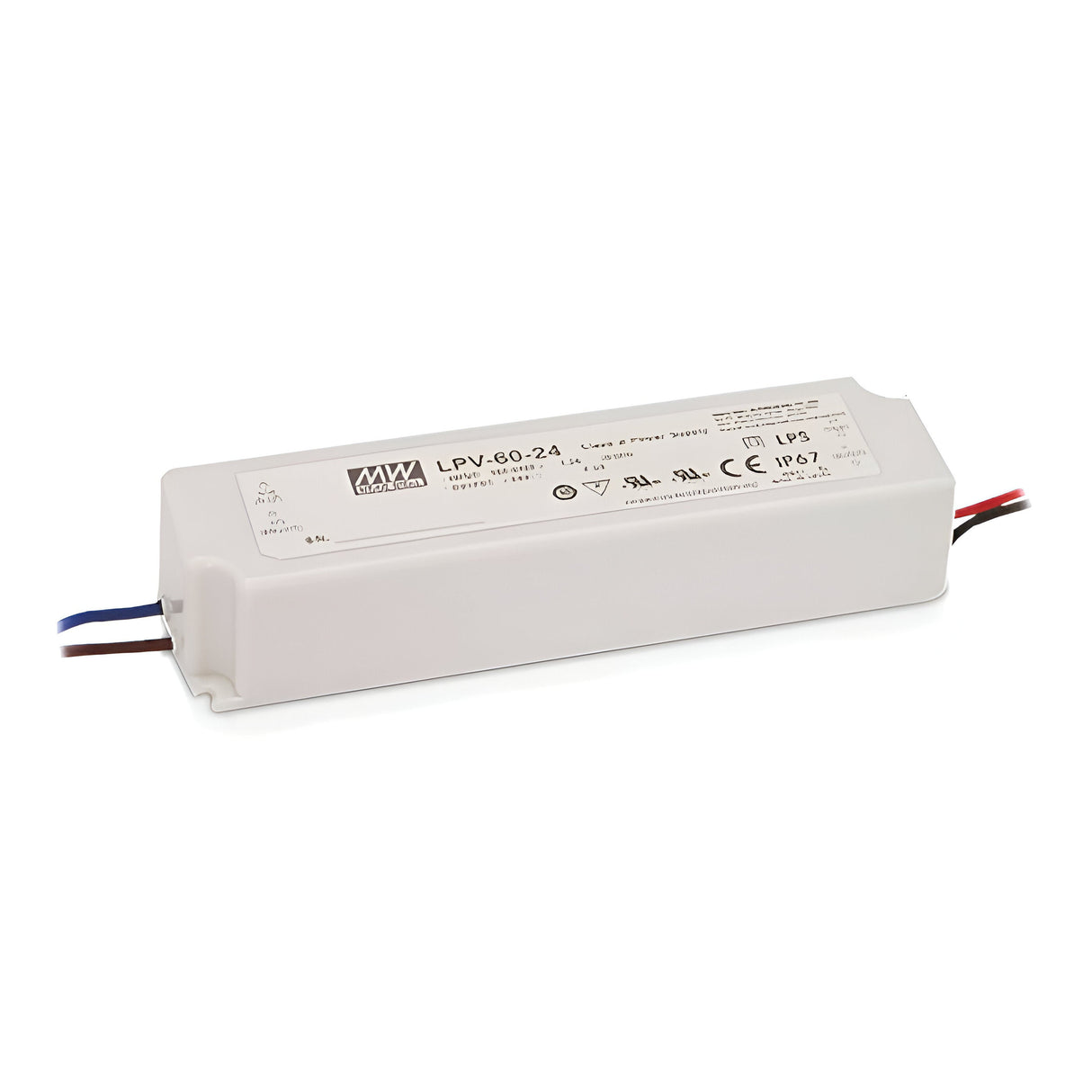 The Blazewood Constant Voltage LED Driver - 20W, 24V, IP67 showcases technical specifications and certification logos on its rectangular white surface. With an IP67 rating, it is designed with input and output wires on each end, making it perfect for 24V LED lighting applications.