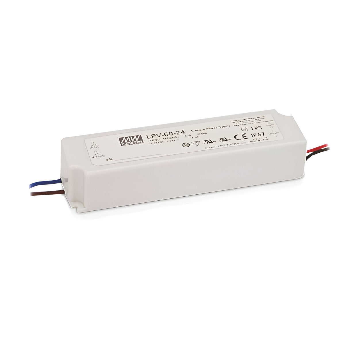 The Blazewood Constant Voltage LED Driver - 25W, 24V, IP67 is a rectangular white device, marked with various certification logos. It features IP67-rated input and output wires on each side and is perfect for constant voltage applications, making it an ideal choice for efficiently powering LED lighting systems.
