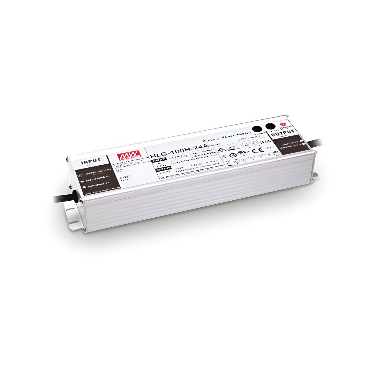 Image of the Blazewood Constant Voltage LED Driver - 100W, 24V, featuring a rectangular design with a white casing and black text. The label includes various technical details, logos, and an IP67 rating. The input and output connections are visible on either side, ensuring reliable voltage delivery in diverse environments.