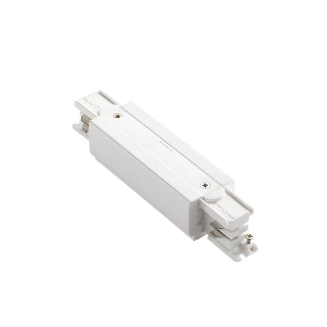 The Brillia 3-Phase Trimless Track Middle Power Input - On-Off in white is a rectangular electrical connector featuring metal terminals on both ends, designed for seamless power distribution in indoor environments, set against a plain white background.