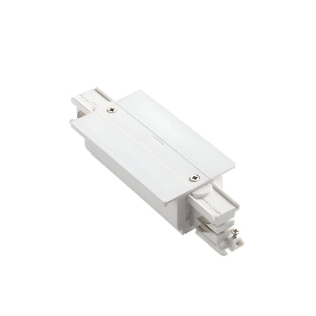 The image showcases the Brillia 3-Phase Trim Track Middle Power Input - On-Off in white, featuring a sleek, rectangular design. It includes a plastic casing and metal connectors at one end, compatible with 3-phase track lighting systems. Perfect for power input connections, it complies with the IP20 rating standard. The device is displayed against a plain white backdrop.