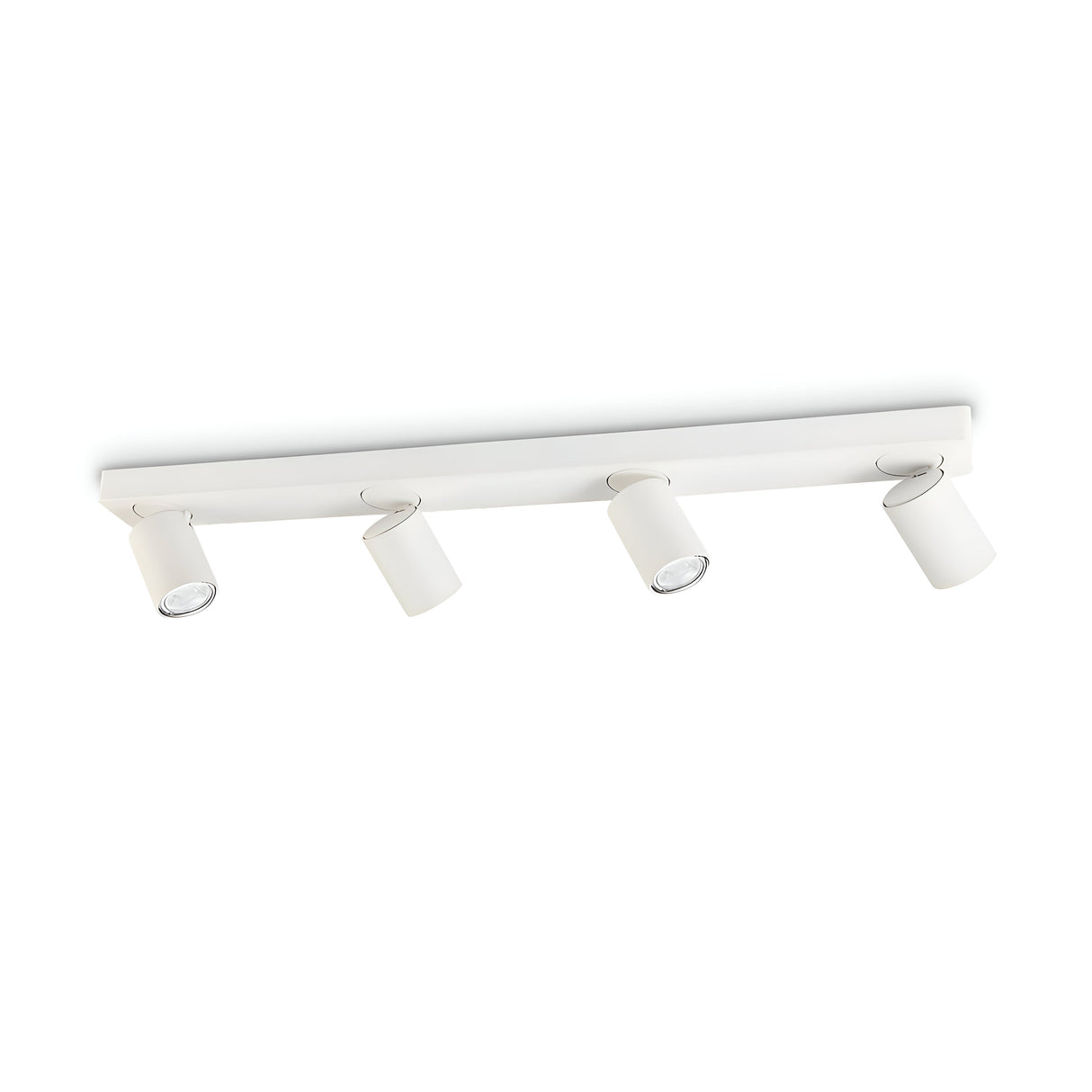 The Sparkeon Quad Bar Round Spotlight - White is an elegant lighting fixture with a contemporary design. It features four adjustable cylindrical spotlights mounted on a rectangular base, each equipped with adjustable diffusers to provide versatile lighting options by angling the lights in various directions.