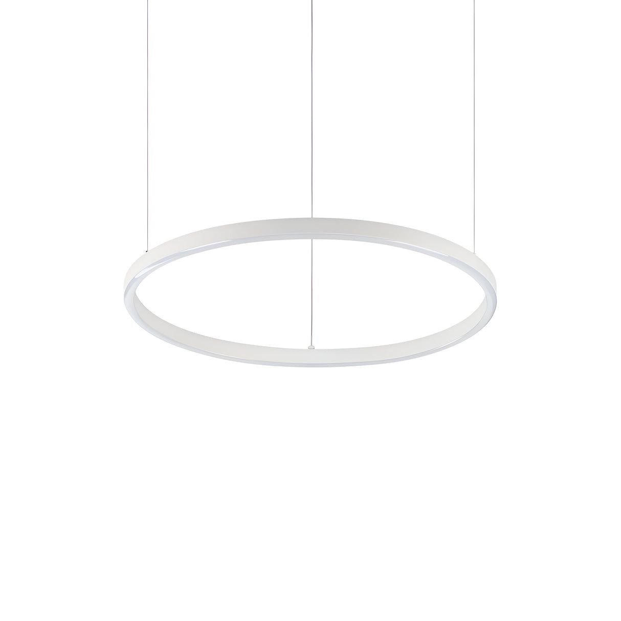 Introducing the Arcena Round LED Suspension Light - 3000K, a minimalist ceiling light with an energy-efficient LED design and a sleek 50cm white frame. It gracefully hangs from the ceiling with thin wires, adding a modern and elegant touch against a plain white backdrop.
