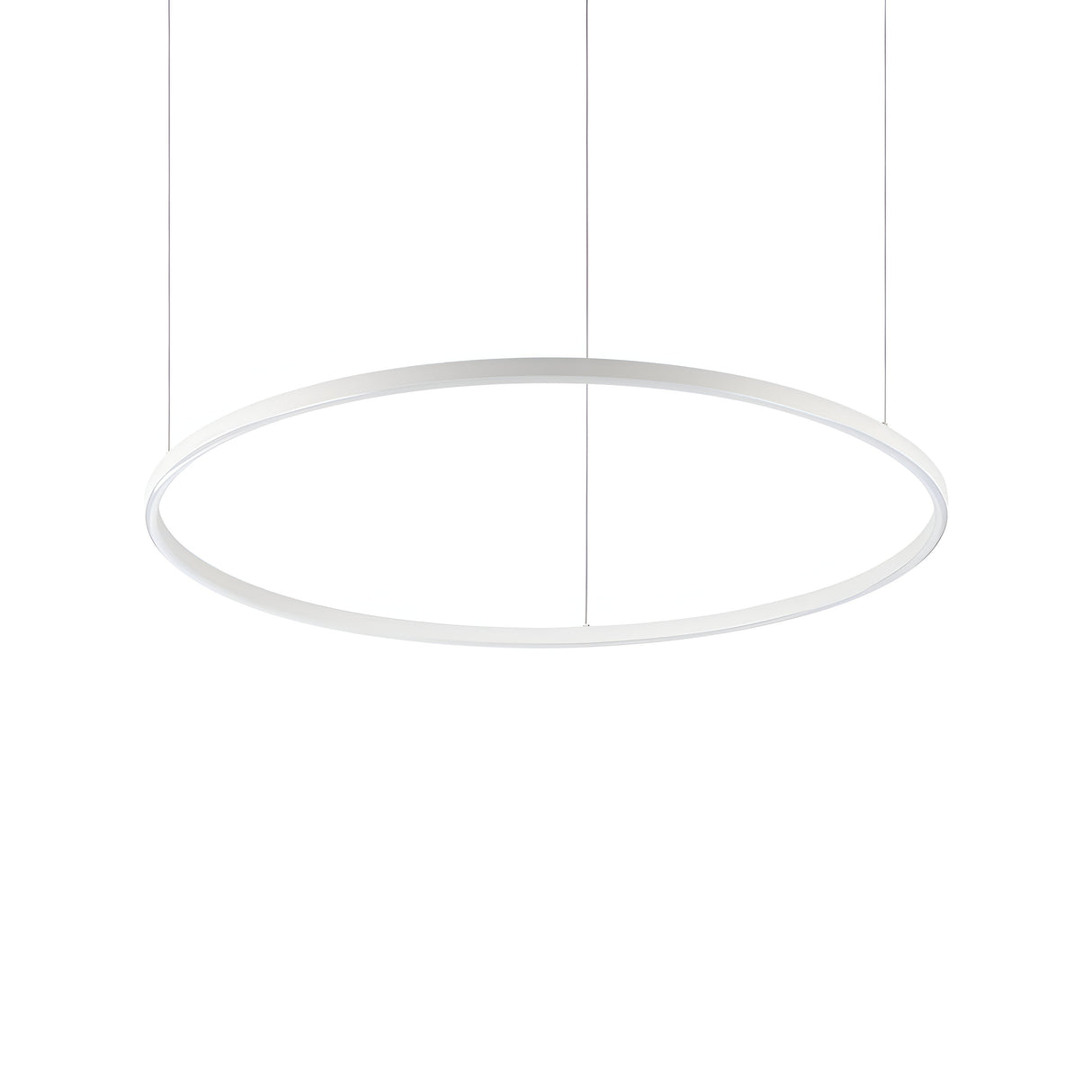 The Arcena Round LED Suspension Light, measuring 90cm, features a minimalist white circular pendant suspended by thin wires against a plain white backdrop. Boasting a sleek and modern design, it provides energy-efficient illumination with an emphasis on simplicity and elegance at a color temperature of 3000K.