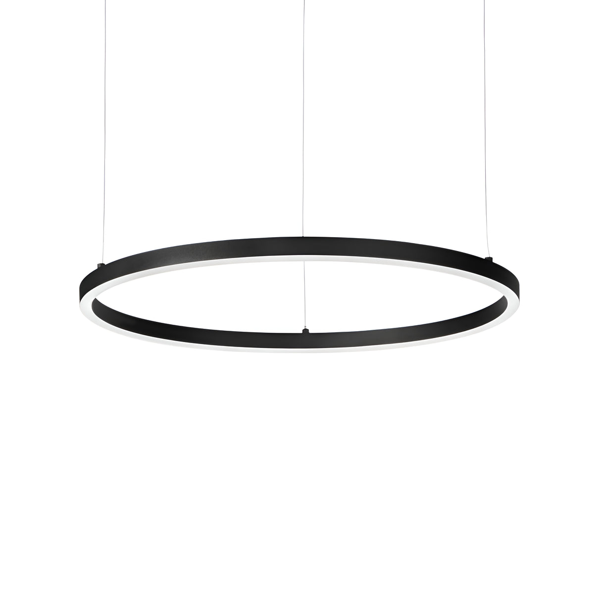 The Arcena Round LED Suspension Light - 3000K, Black, 90cm is a black circular pendant light that embodies a modern minimalist style. It hangs from the ceiling with thin wires and features an illuminated inner rim, combining sleek aesthetics with energy-efficient lighting.