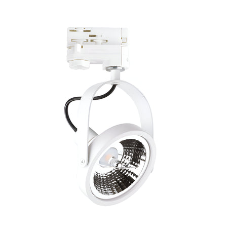 The Glim Three Phase Track Spotlight - White features a contemporary design with a circular, adjustable head and a reflective interior. This dimmable lighting fixture comes equipped with a white track connector, making it ideal for ceiling installation.